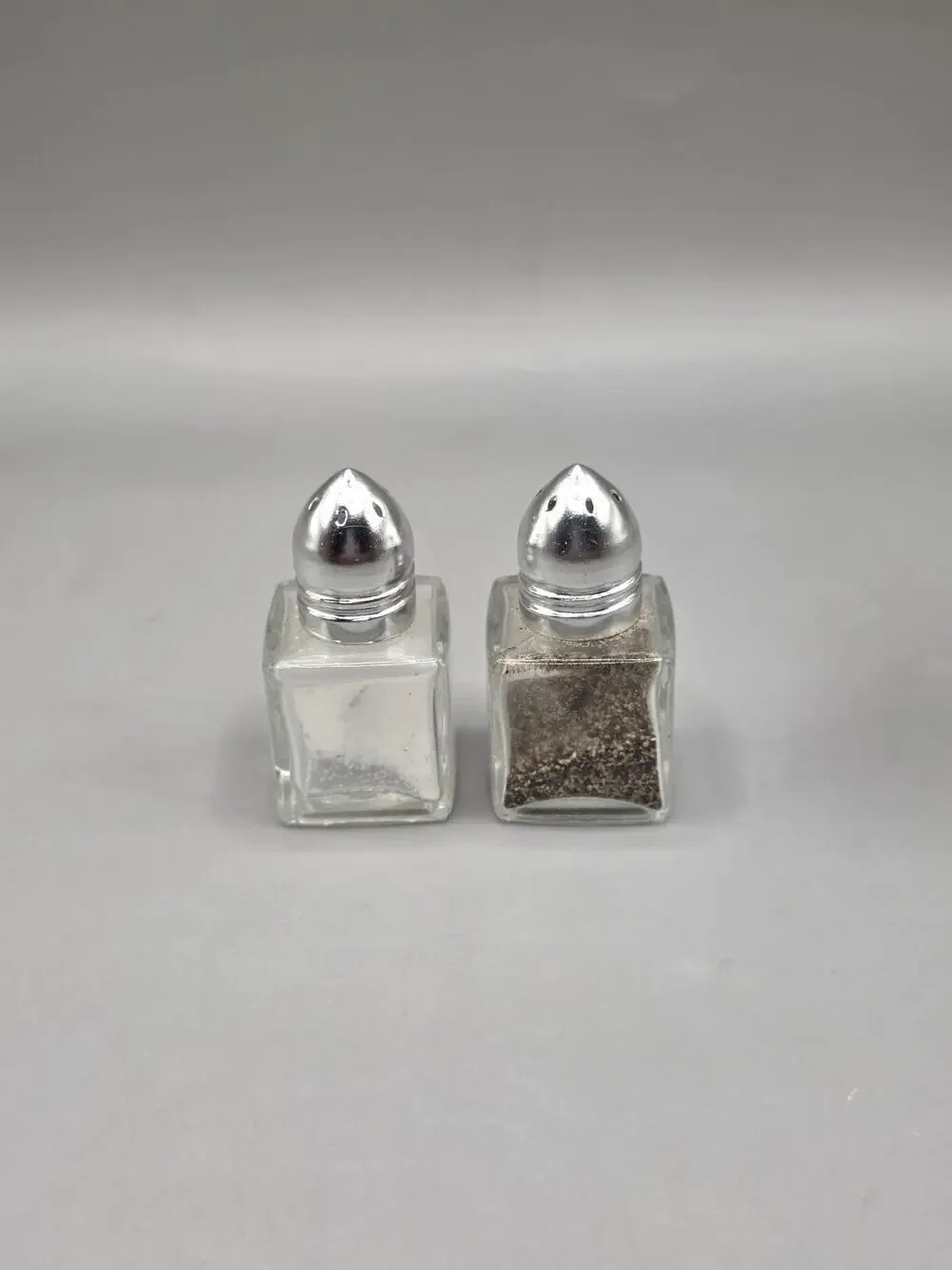 Vintage Taiwan Clear Glass Square Mini Salt and Pepper Shakers Chrome Tops